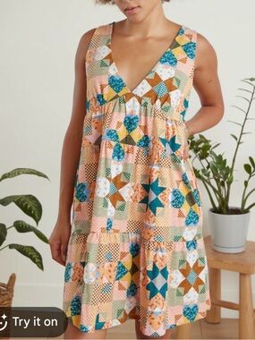 Known Supply Evelyn Cotton V Neck Mini Dress in Star Quilt Size M retail $72